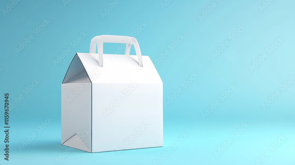 White box with handle and window package mockup. 3d blank carton design for business merchandise and presentation in web. Take away meal container to carry. Isolated food pack for advertising White box with handle and window package mockup. 3d blank carton design for business merchandise and presentation in web. Take away meal container to carry. Isolated food pack for advertising