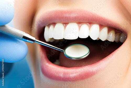 Close up of dental checkup with mirror reflecting teeth and gums photo