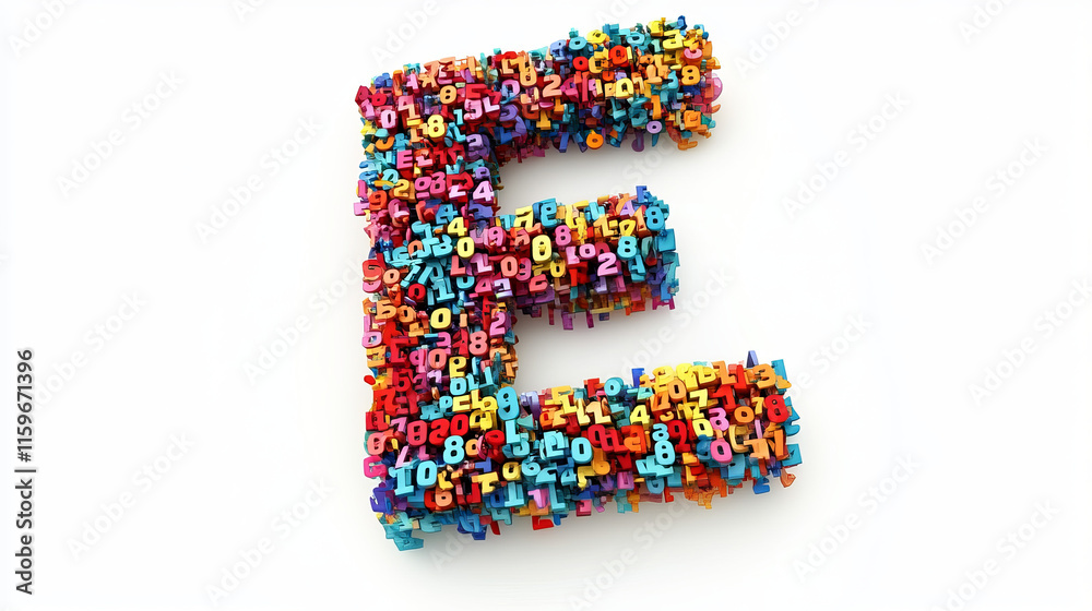 The letter E consists of numbers. Colored letters on a white background. 3D render. The letter E consists of numbers. Colored letters on a white background. 3D render.