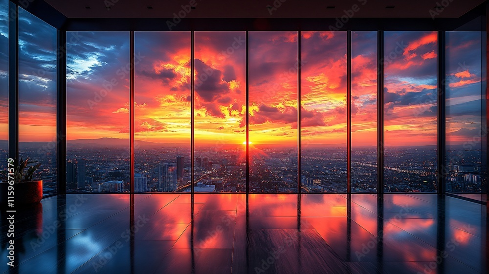 Fototapeta premium Vibrant Sunset Over Cityscape Viewed From Modern Skyscraper