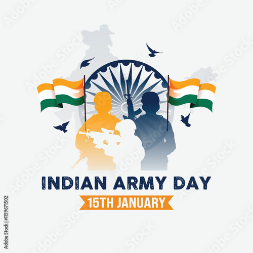 India Army Day poster design | soldier, silhouette. flag, of India. Patriotic Vector, illustration | Indian army day post Design| 15 January | social media, post, army, background