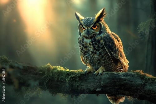 Majestic great horned owl perched in a forest photo