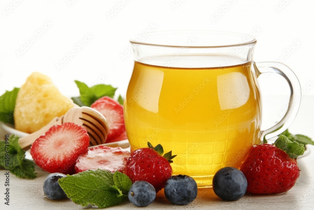 Pancakes piled with various berries and honey, set against a white background Pancakes piled with various berries and honey, set against a white background