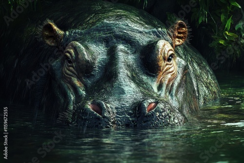 Majestic hippopotamus in murky water closeup on textured skin photo