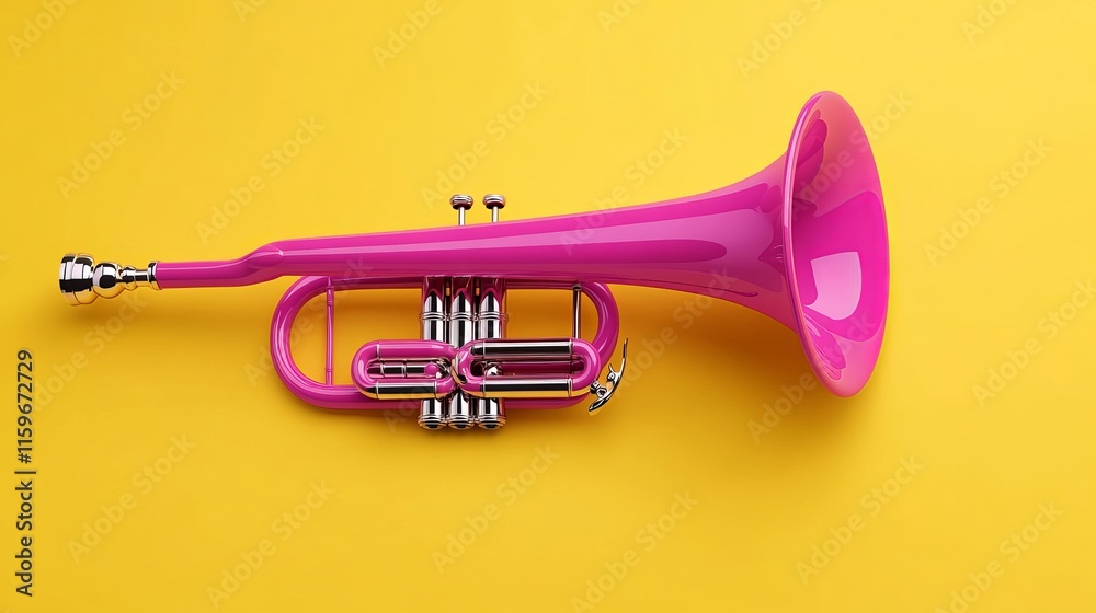 Pink trumpet displayed on a bright yellow background 3D render illustration Pink trumpet displayed on a bright yellow background 3D render illustration
