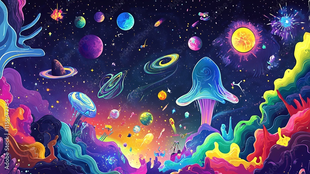 Naklejka premium A vibrant cosmic scene featuring planets, stars, and colorful mushrooms in a surreal landscape.