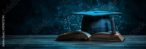 Graduation cap on old book with network connection in background representing online education