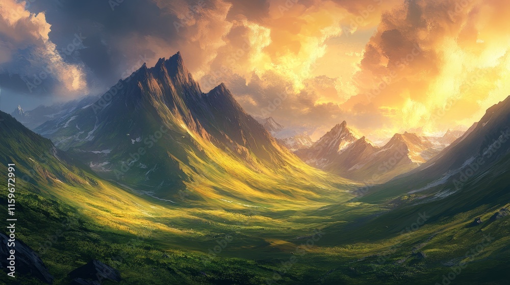 Fototapeta premium Tranquil mountain sunset: Verdant hills and slopes stretch out beneath a majestic cloudy sky, casting ethereal hues on the surrounding peaks.