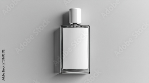 A minimalist perfume bottle featuring a sleek rectangular design, displaying an empty label on a gray background, exemplifying luxury and elegance.