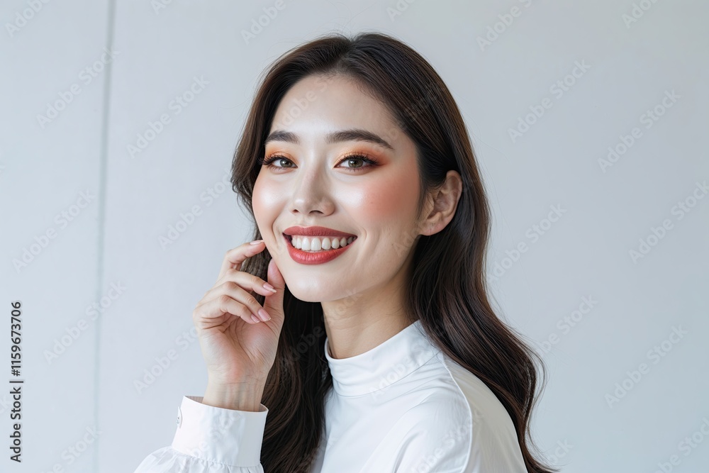 Cheerful Young Asian Woman Showcasing K-Beauty Makeup and Radiant Complexion Against a Minimal White Background Cheerful Young Asian Woman Showcasing K-Beauty Makeup and Radiant Complexion Against a Minimal White Background