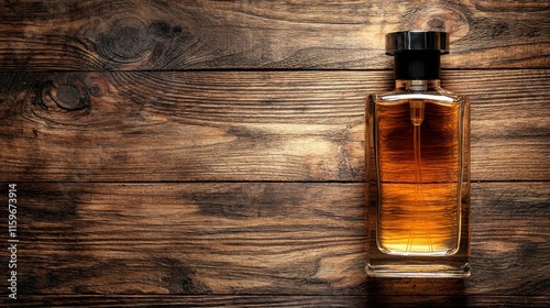 The image shows a luxurious perfume bottle resting on a rustic wooden surface, highlighting its rich amber color. Perfect for branding visuals.