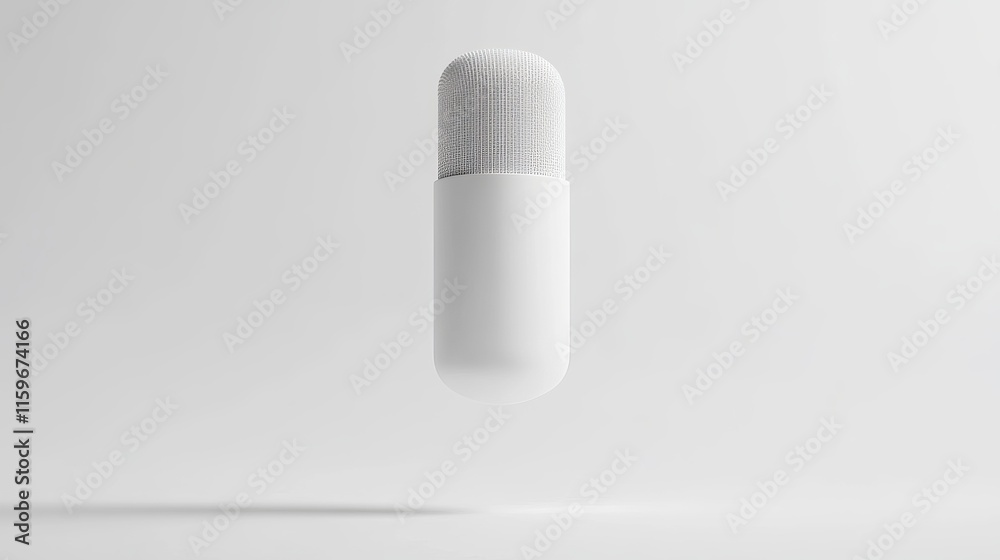 White studio condenser microphone floating in midair with a minimalistic monochrome design 3D illustration for recording studio or vocal production concepts White studio condenser microphone floating in midair with a minimalistic monochrome design 3D illustration for recording studio or vocal production concepts