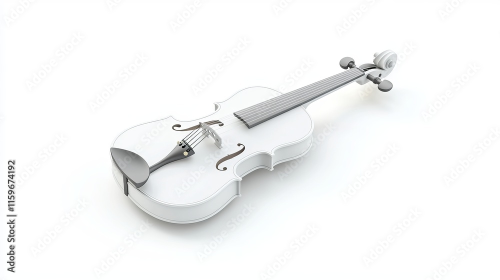 White classical wooden violin with bow in a claystyle design on a white background 3D rendering White classical wooden violin with bow in a claystyle design on a white background 3D rendering