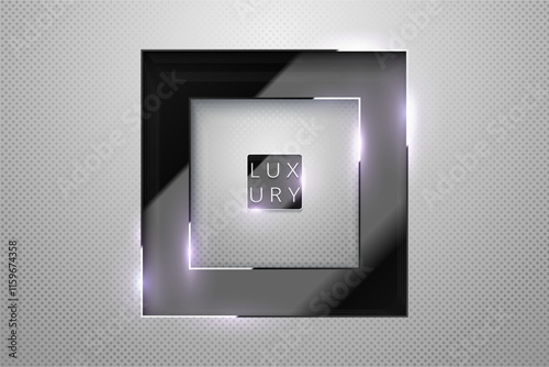 Vector silver luxury background with glossy black glass layer for vip card. Square paper cut frame with stainless steel line edges and light flares. Premium platinum pattern layered design banner