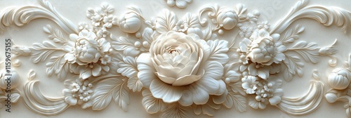 White floral bas-relief forming a baroque style decoration with a central rose