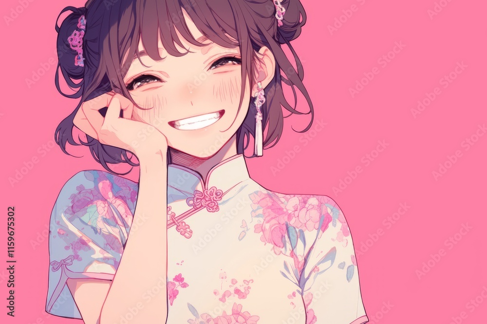 female smiling and wearing Chinese Cheongsam , pastel background, anime style, illustration female smiling and wearing Chinese Cheongsam , pastel background, anime style, illustration