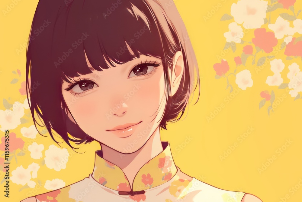 female smiling and wearing Chinese Cheongsam , pastel background, anime style, illustration female smiling and wearing Chinese Cheongsam , pastel background, anime style, illustration