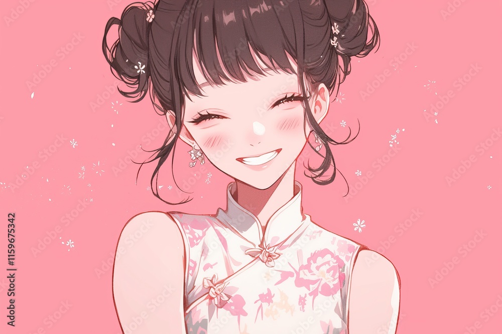 female smiling and wearing Chinese Cheongsam , pastel background, anime style, illustration female smiling and wearing Chinese Cheongsam , pastel background, anime style, illustration
