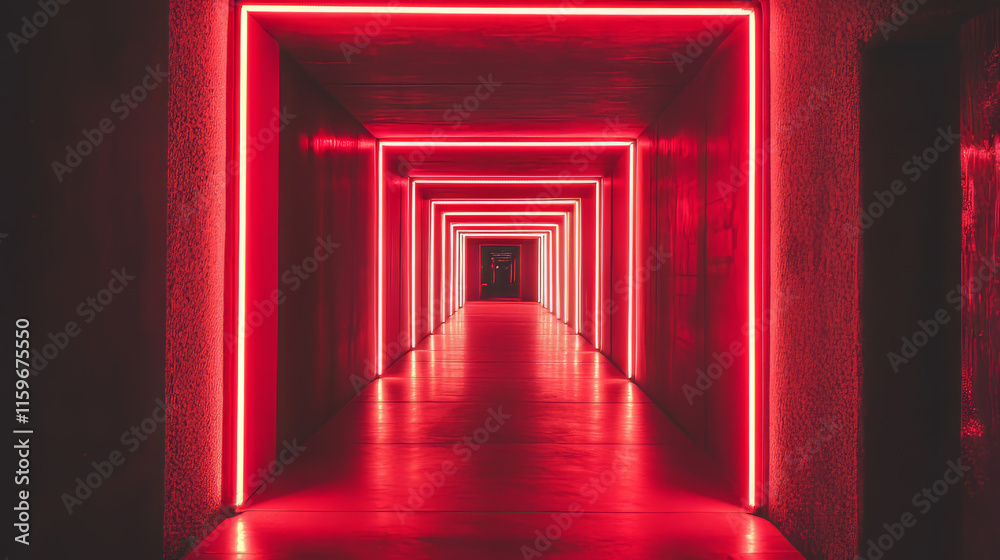 Neon light tunnel on black background. Vector realistic illustration of red led corridor perspective, futuristic laser security border, modern information technology system, virtual reality