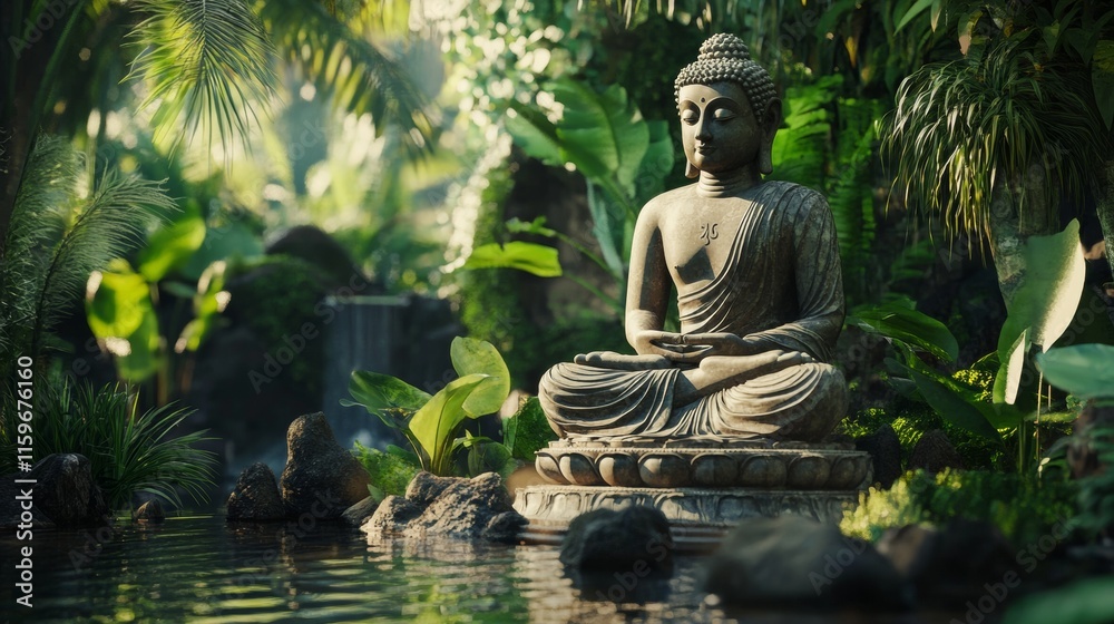 Buddha statue on a lake surrounded by nature Buddha statue on a lake surrounded by nature