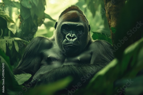 Majestic silverback gorilla in lush jungle environment showing strength and vulnerability in soft lighting photo