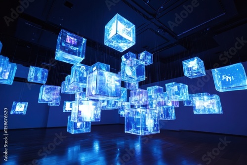 Floating cubes display abstract content illuminating the gallery space with vibrant colors and dynamic shapes. Generative AI photo