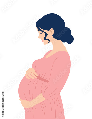 Pregnant woman holding her belly, expectant mother. Happy Mothers Day. Vector isolated flat illustration