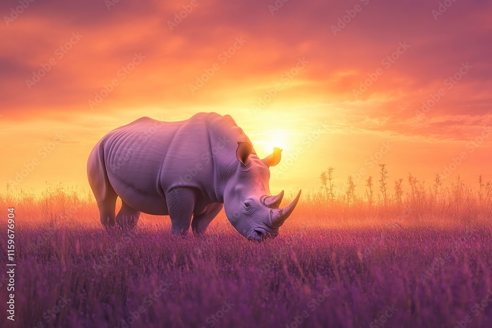 Obraz premium White rhinoceros at sunset in savanna tranquil and serene