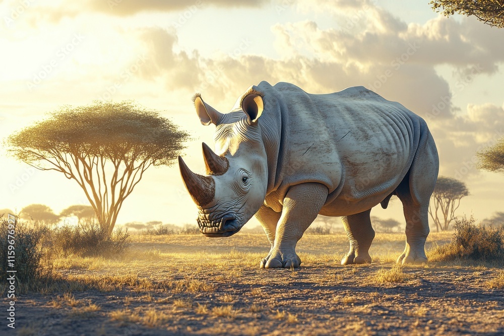 Fototapeta premium White rhinoceros in African savanna under golden sunlight