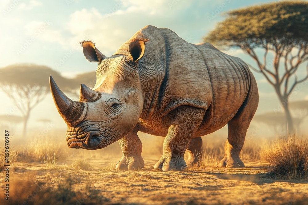 Fototapeta premium White rhinoceros in African savanna under golden sunlight