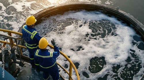 Workers monitoring water treatment process.
