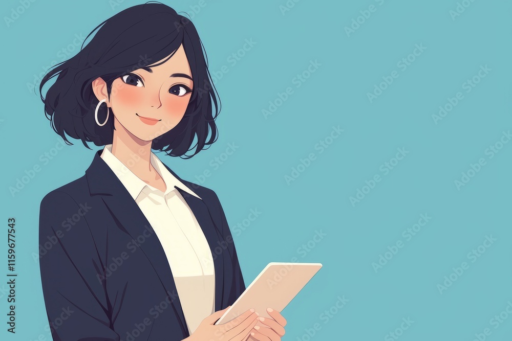 illustration of a female smiling and wearing secretary outfit and carrying a digital tablet, anime style illustration of a female smiling and wearing secretary outfit and carrying a digital tablet, anime style