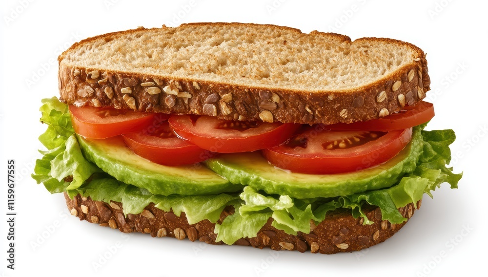 healthy vegan sandwich with avocado, tomato, and lettuce