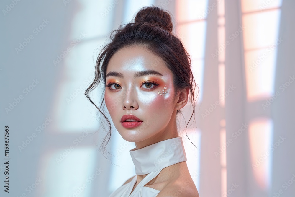 Gorgeous Portrait of Young Asian Woman Showcasing Radiant K-Beauty Makeup on Bright White Background for Skincare Advertising Gorgeous Portrait of Young Asian Woman Showcasing Radiant K-Beauty Makeup on Bright White Background for Skincare Advertising