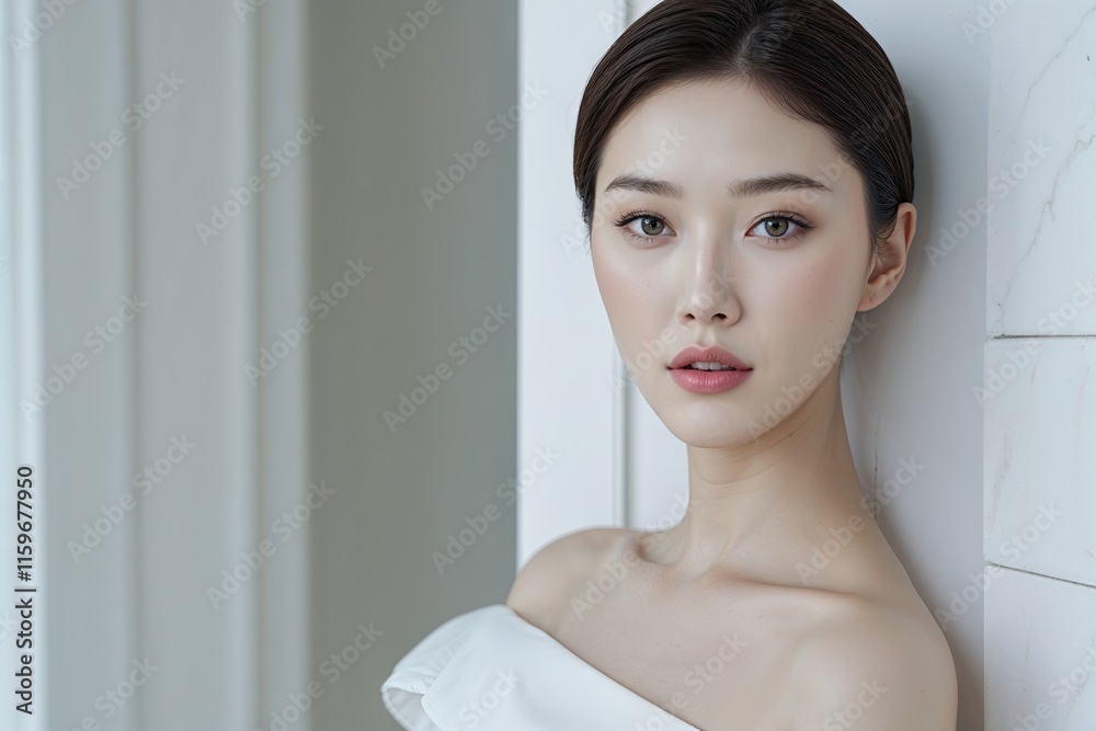 Stunning Asian Model Displaying K-Beauty with Flawless Skin Against White Background Stunning Asian Model Displaying K-Beauty with Flawless Skin Against White Background