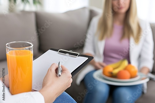 A nutritionist is consulting with a patient and formulating a diet plan. photo