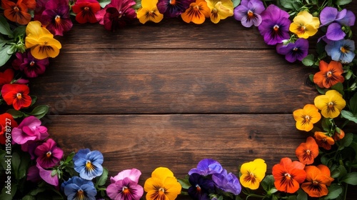 Wallpaper Mural Colorful pansies frame wooden background Torontodigital.ca