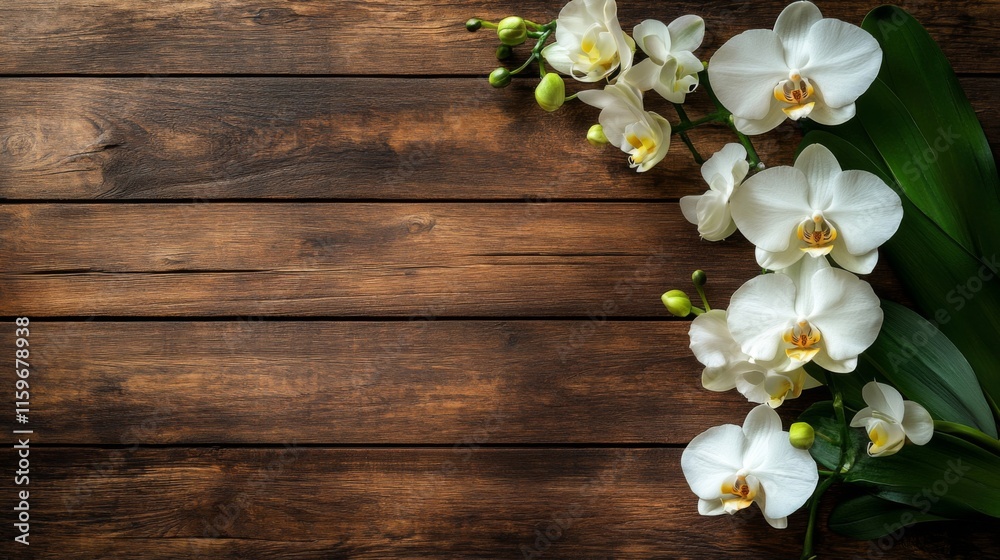 White Orchids Arranged on Dark Wooden Background