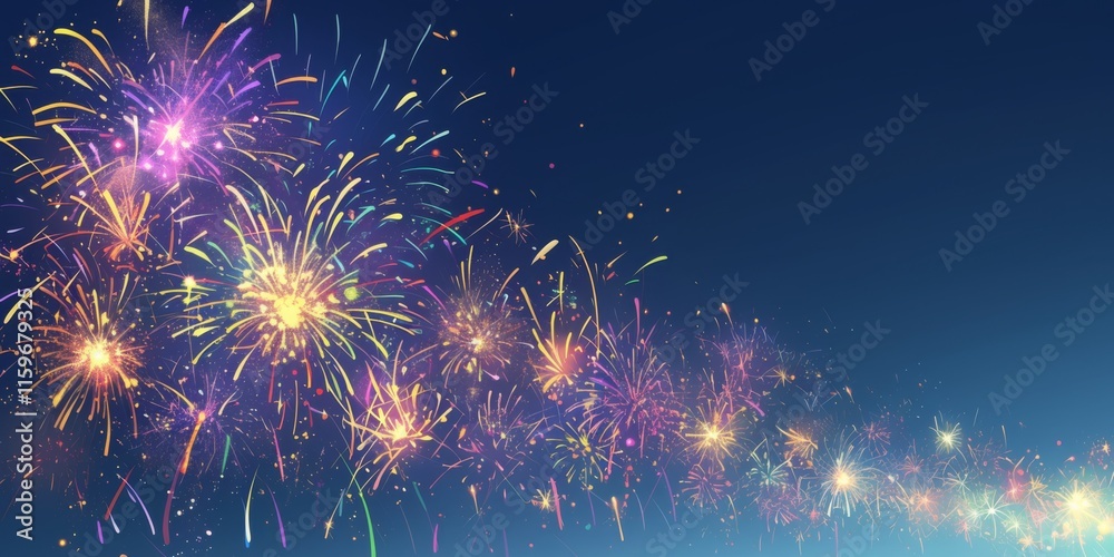 Fototapeta premium Colorful Fireworks Display in Vector Style on Dark Blue Background, Perfect for New Year Celebrations, with Ample Space for Text.