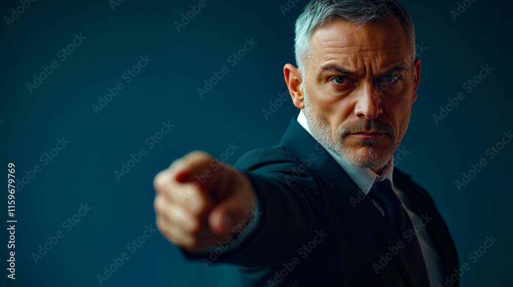 Fototapeta premium A man in a suit pointing at the camera