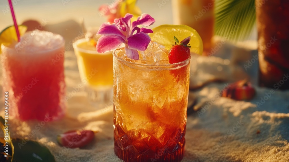 Colorful tropical cocktails on beach at sunset. Colorful tropical cocktails on beach at sunset.