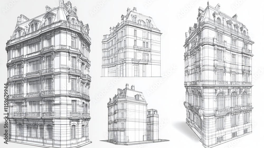 Obraz premium Perspective 3D render of building wireframe - Vector illustration