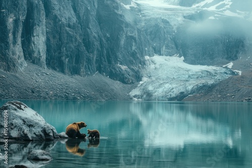 Grizzly bear mother and cubs in glacierfed nature scene photo