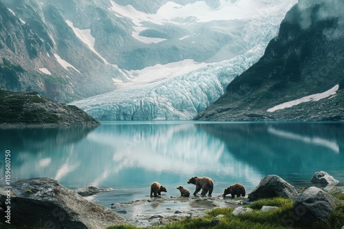 Grizzly bear mother and cubs in glacierfed nature scene photo