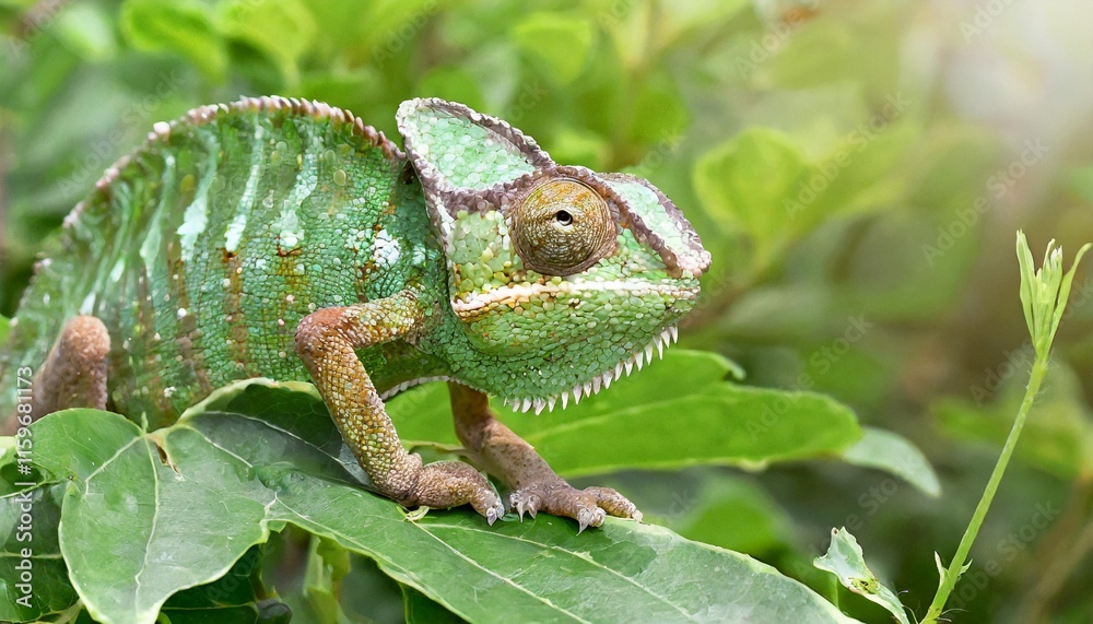 Chameleon Changing Color on a Green Leaf, a Master of Camouflage Chameleon Changing Color on a Green Leaf, a Master of Camouflage