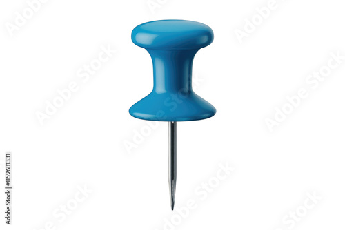 A single, blue thumbtack with a metallic pin, isolated on a transparent background. background removed