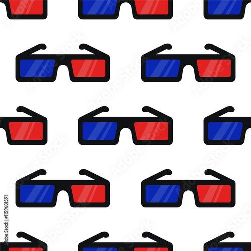 Seamless pattern with red and blue 3d glasses. Plastic cinema eyeglasses. .