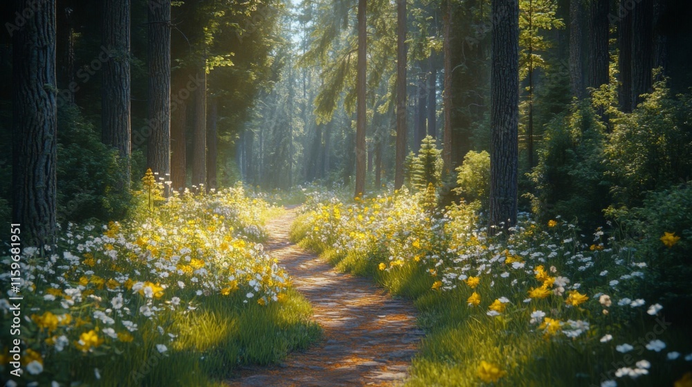 Obraz premium Sunlit Forest Path With Blooming Wildflowers