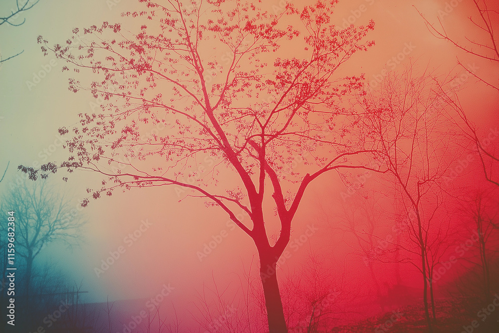 Fototapeta premium Silhouetted trees in a hazy, reddish sunrise.