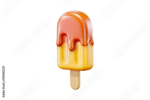 A 3D rendered image of a yellow and orange popsicle with melting caramel topping on a white background. background removed